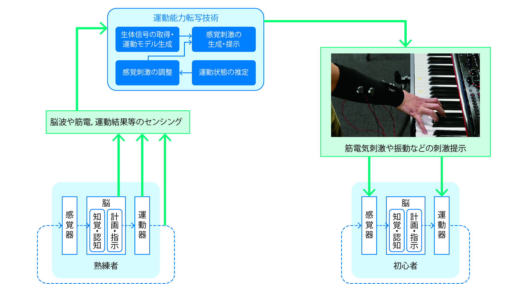 運動能力転写技術によるリモートトレーニングの概念図です。