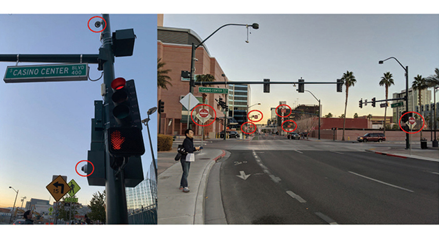Fig. 3. Video cameras and road signs in the Innovation District of downtown Las Vegas.