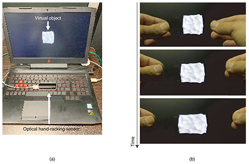Fig. 1. (a) Experimental setup. Hand movement is tracked using an optical hand-tracking sensor, and the virtual object is deformed in accordance with the movement. (b) Deformation of the object resulting from hand movement.
