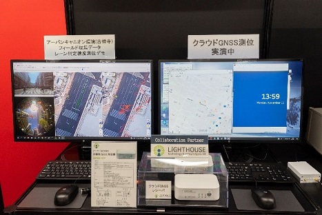 Fig32：Positional Demonstration via Cloud-based Processing Using a Mock GNSS Signal Generated in a Simulation for a Comparison of Lane Positioning for a Public Road near Kichijoji Station and Traditional Code-based Positioning Results