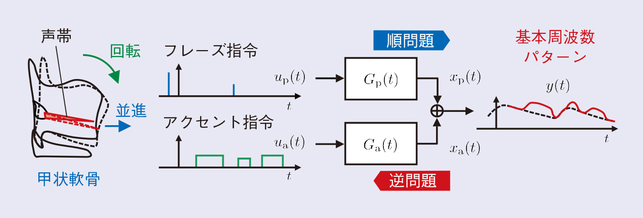 図1　音声の基本周波数パターンの生成過程とその逆問題