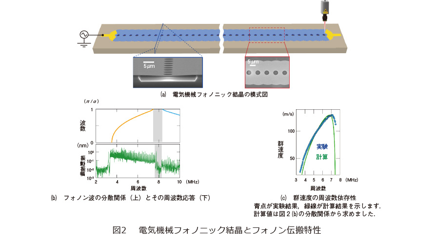 図2　電気機械フォノニック結晶とフォノン伝搬特性