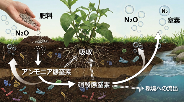 土壌中の微生物による窒素化合物の変換の概要